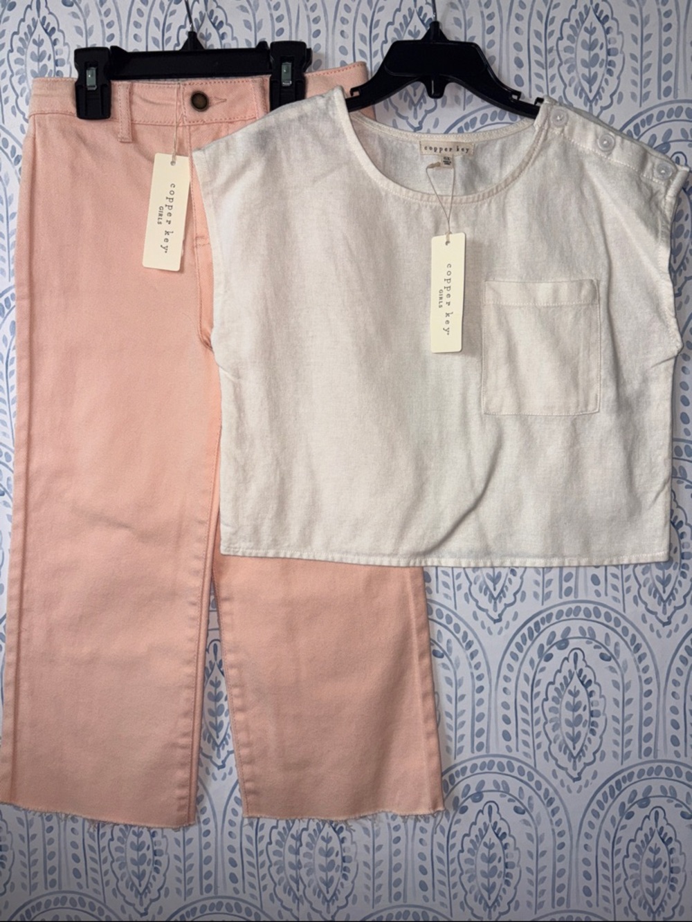 Copper Key Cream Linen Crop Top & Blush Pink Wide Leg Denim Pant Set Size 6X NWT